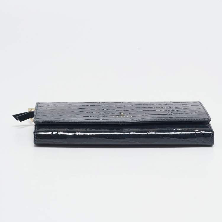 Pre Owned Lanvin Navy Blue Croc Embossed Patent Leather Continental Wallet