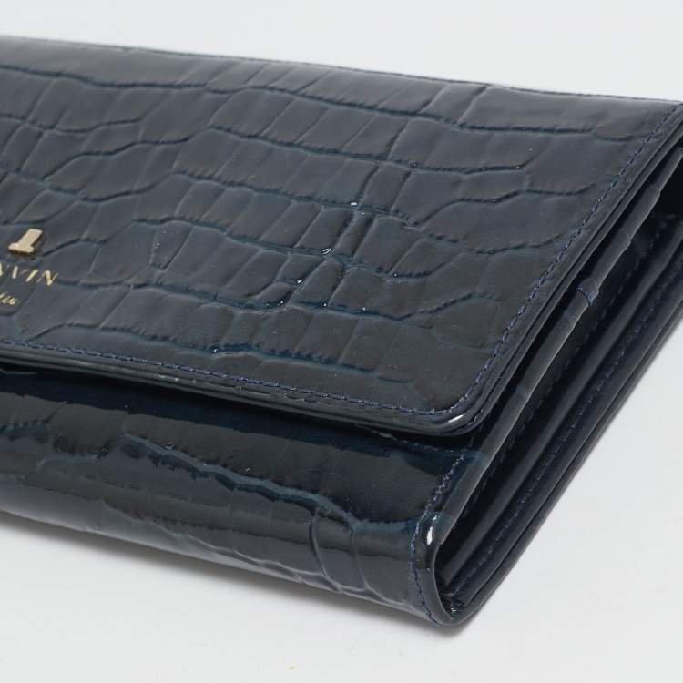 Pre Owned Lanvin Navy Blue Croc Embossed Patent Leather Continental Wallet