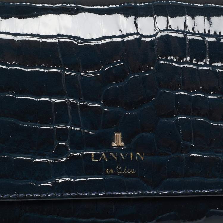 Pre Owned Lanvin Navy Blue Croc Embossed Patent Leather Continental Wallet