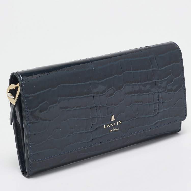 Pre Owned Lanvin Navy Blue Croc Embossed Patent Leather Continental Wallet