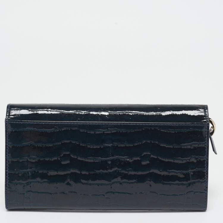 Pre Owned Lanvin Navy Blue Croc Embossed Patent Leather Continental Wallet