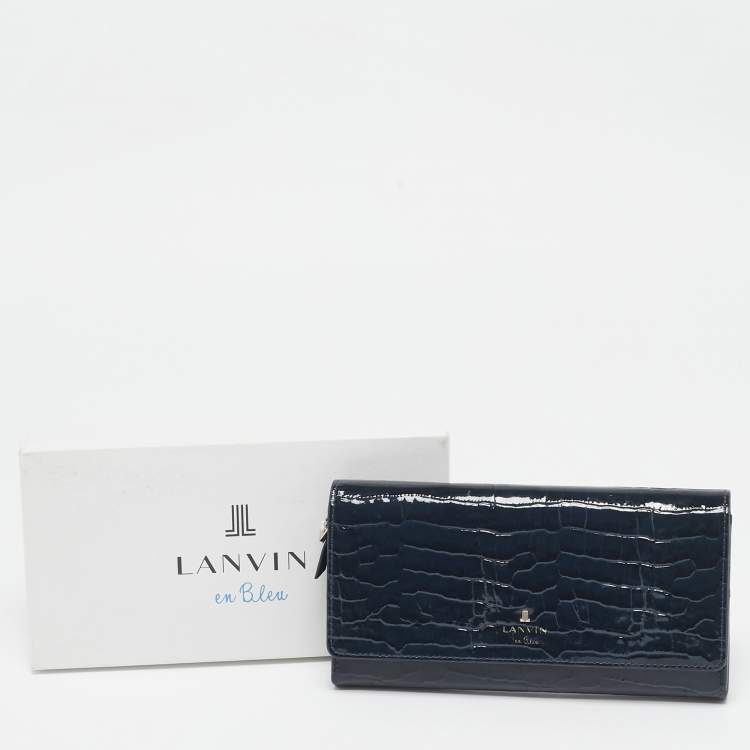 Pre Owned Lanvin Navy Blue Croc Embossed Patent Leather Continental Wallet