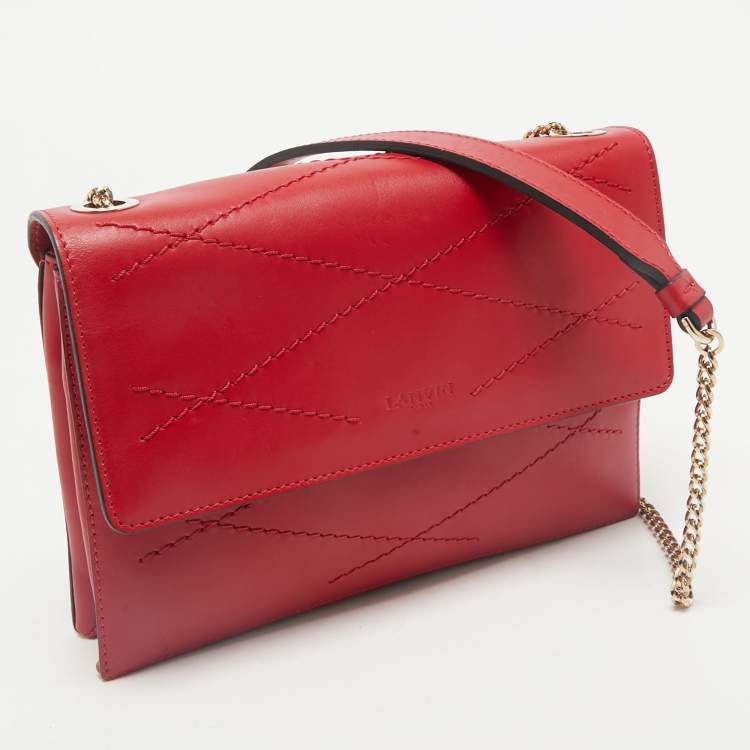 Pre Owned Lanvin Red Leather Flap Chain Crossbody Bag