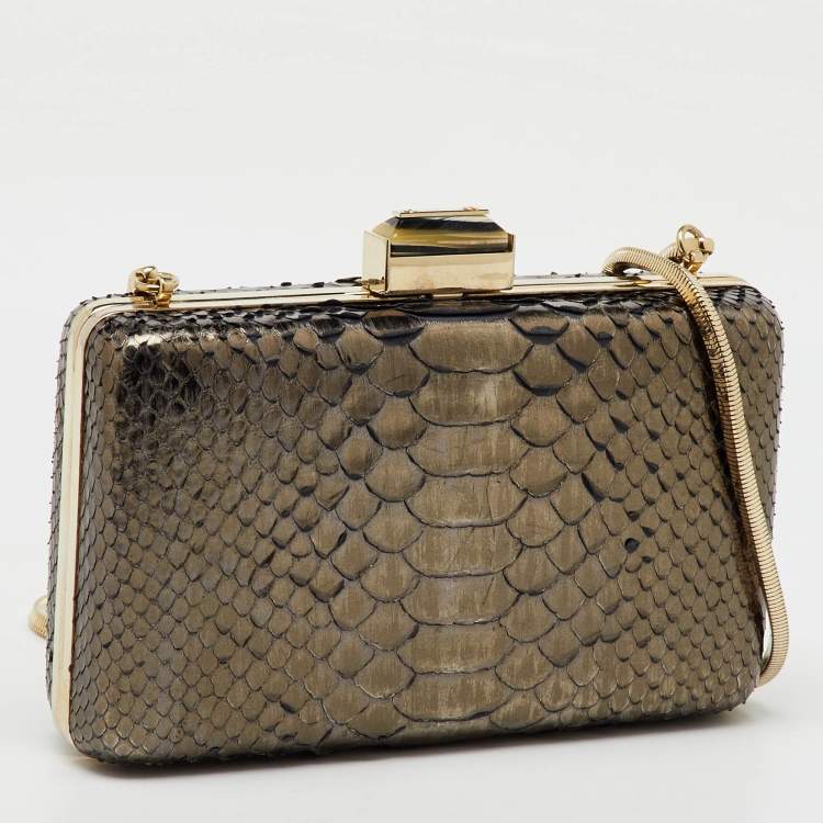 Pre Owned Lanvin Metallic Dark Brown Python Frame Clutch