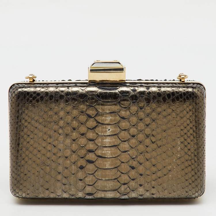 Pre Owned Lanvin Metallic Dark Brown Python Frame Clutch