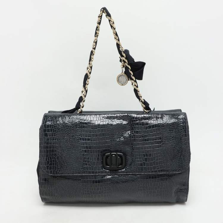 Pre Owned Lanvin Navy Blue Croc Embossed and Leather Flap Shoulder Bag