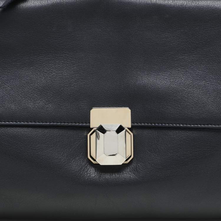 Pre Owned Lanvin Navy Blue Croc Embossed and Leather Flap Shoulder Bag