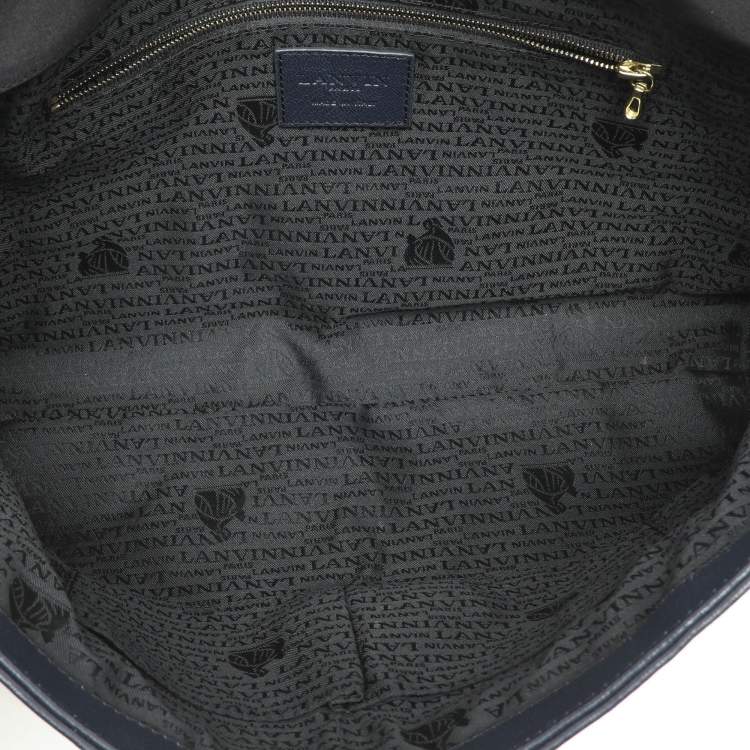 Pre Owned Lanvin Navy Blue Croc Embossed and Leather Flap Shoulder Bag