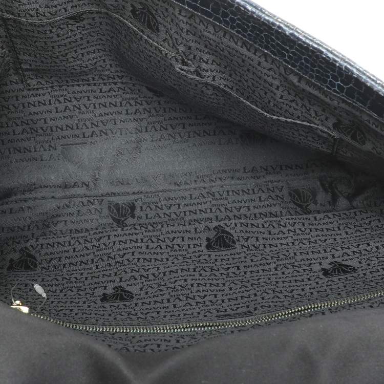 Pre Owned Lanvin Navy Blue Croc Embossed and Leather Flap Shoulder Bag