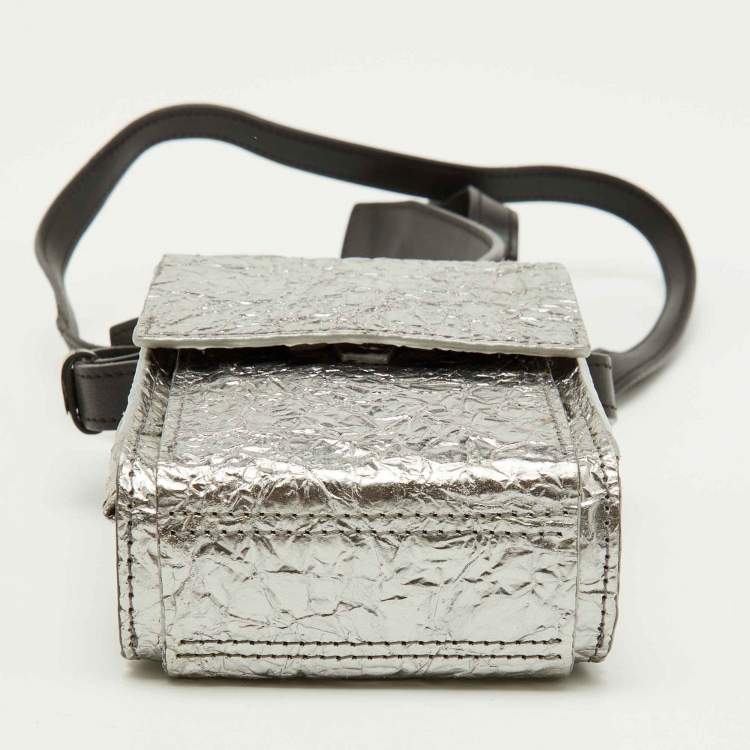Pre Owned Lanvin Silver Foil Leather Crackled Mini Crossbody Bag