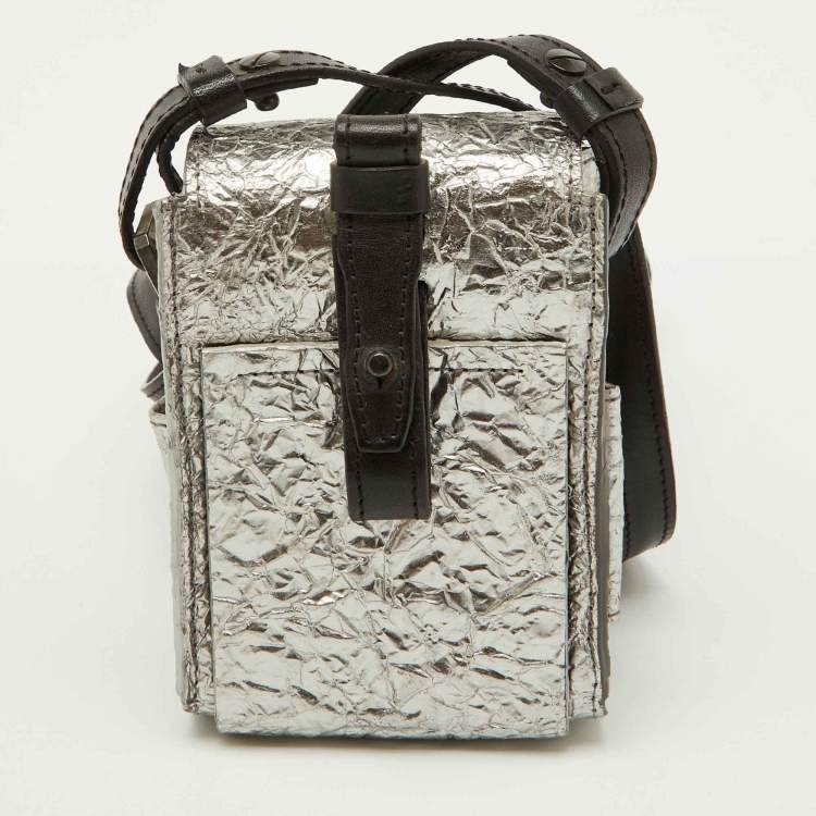 Pre Owned Lanvin Silver Foil Leather Crackled Mini Crossbody Bag