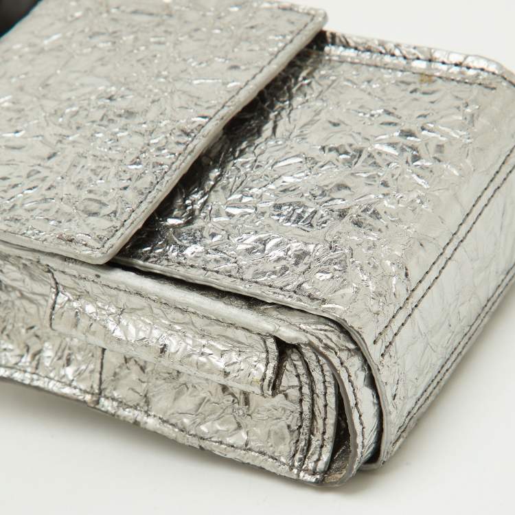 Pre Owned Lanvin Silver Foil Leather Crackled Mini Crossbody Bag
