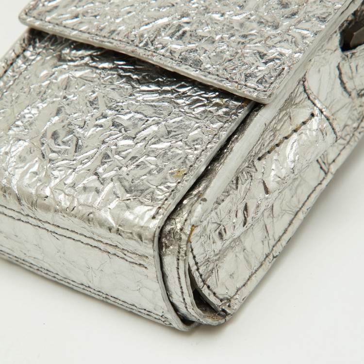 Pre Owned Lanvin Silver Foil Leather Crackled Mini Crossbody Bag