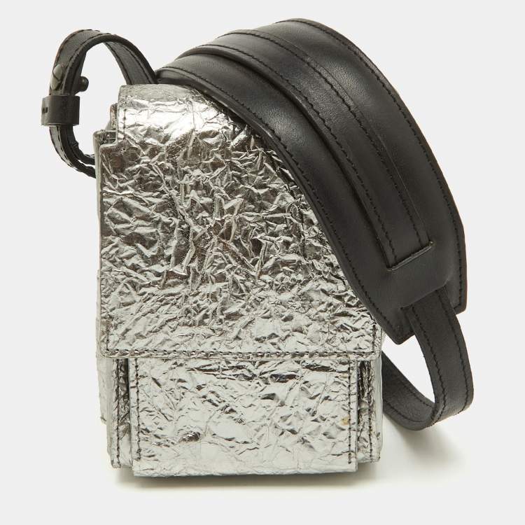 Pre Owned Lanvin Silver Foil Leather Crackled Mini Crossbody Bag