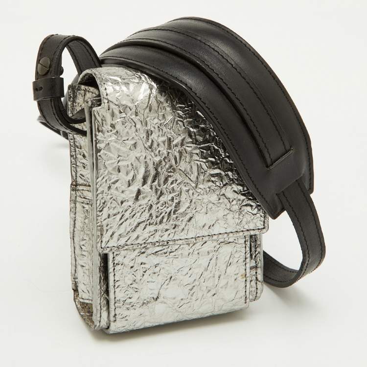 Pre Owned Lanvin Silver Foil Leather Crackled Mini Crossbody Bag