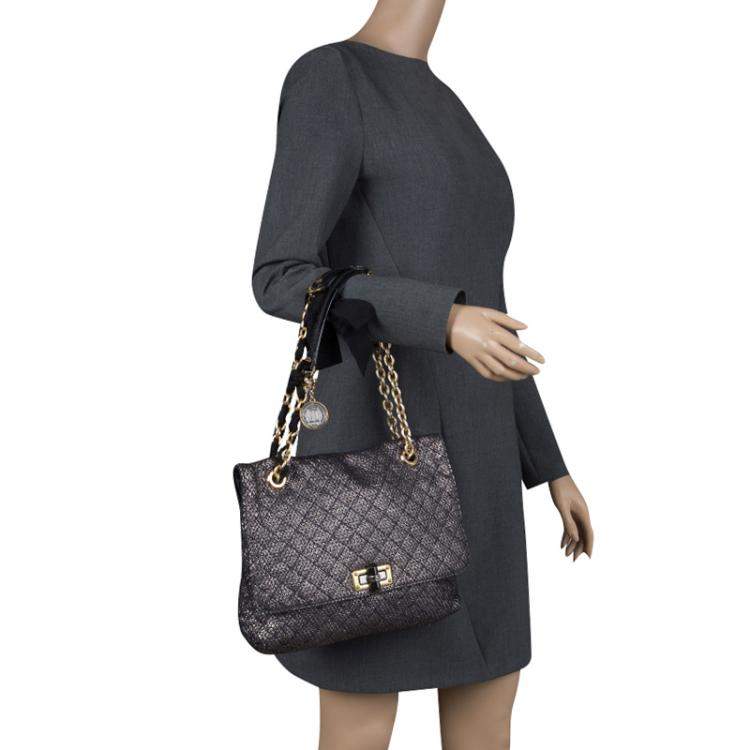 Pre Owned Lanvin Metallic Grey Quilted Ceramic Effect Leather Happy Shoulder Bag