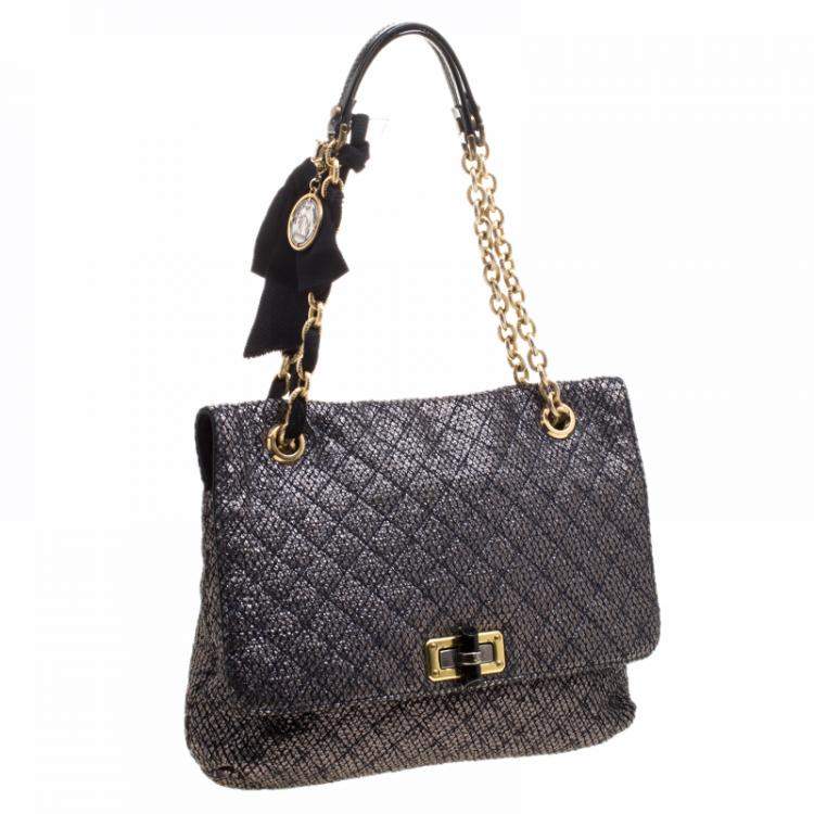 Pre Owned Lanvin Metallic Grey Quilted Ceramic Effect Leather Happy Shoulder Bag