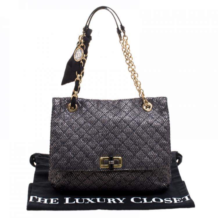 Pre Owned Lanvin Metallic Grey Quilted Ceramic Effect Leather Happy Shoulder Bag