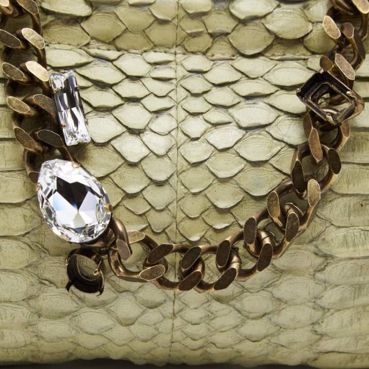 Pre Owned Lanvin Mint Green Python Crystals Embellish Chain Clutch