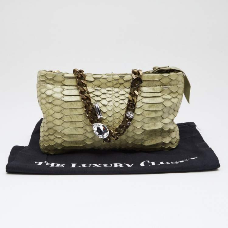 Pre Owned Lanvin Mint Green Python Crystals Embellish Chain Clutch