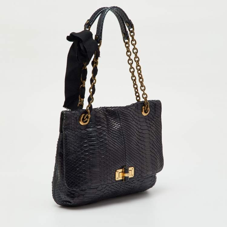 Pre Owned Lanvin Navy Blue Python Happy Flap Shoulder Bag