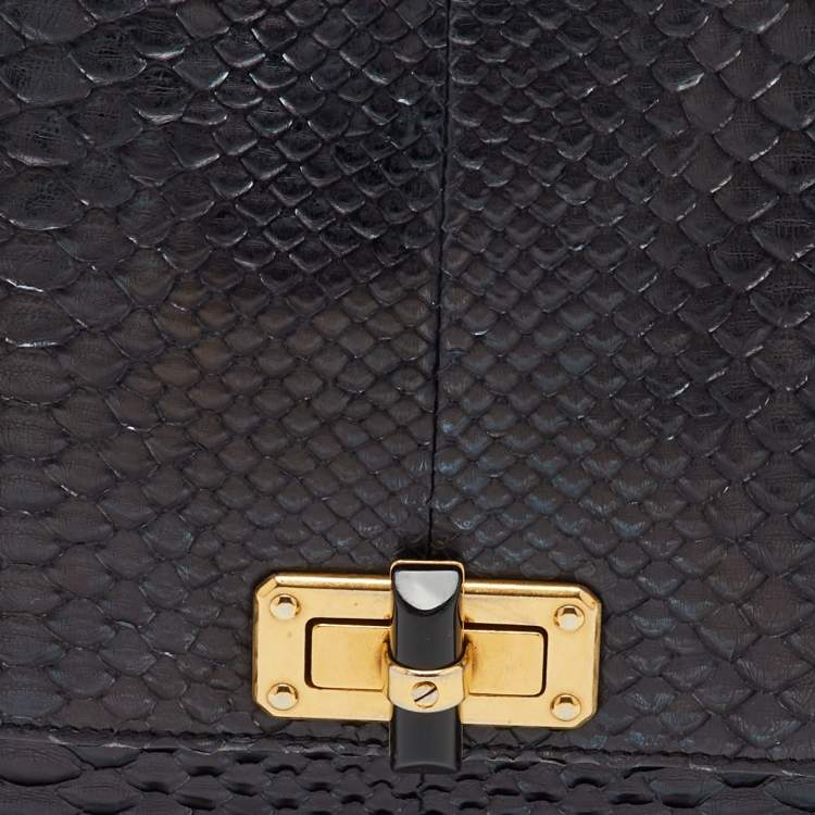 Pre Owned Lanvin Navy Blue Python Happy Flap Shoulder Bag