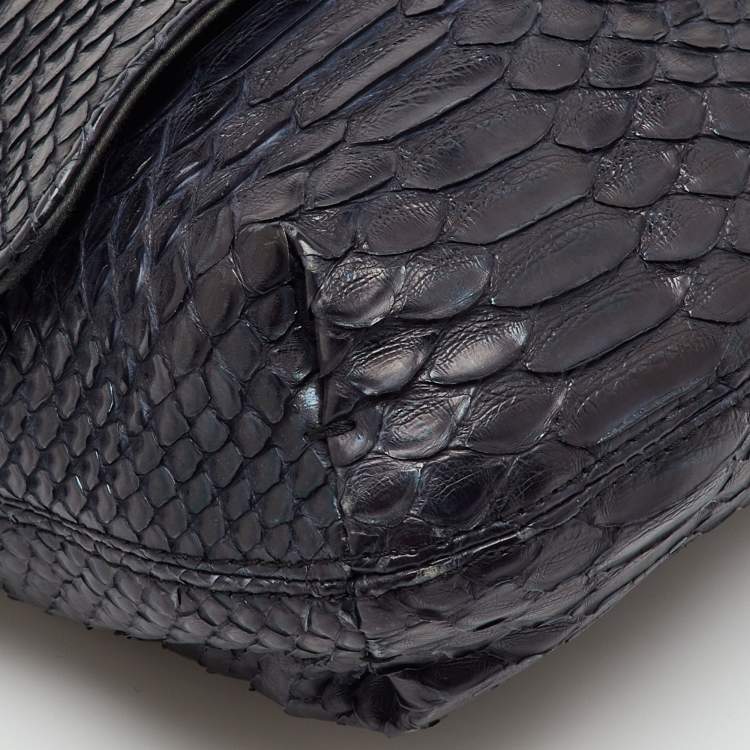 Pre Owned Lanvin Navy Blue Python Happy Flap Shoulder Bag