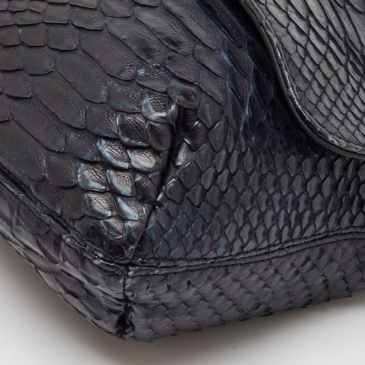 Pre Owned Lanvin Navy Blue Python Happy Flap Shoulder Bag