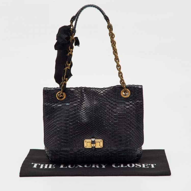 Pre Owned Lanvin Navy Blue Python Happy Flap Shoulder Bag
