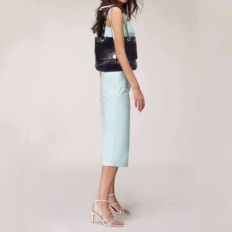 Pre Owned Lanvin Navy Blue Python Happy Flap Shoulder Bag