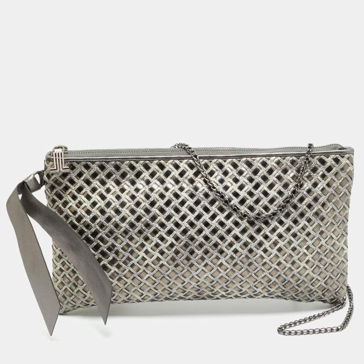 Pre Owned Lanvin Woven Metallic/Grey Patent Leather and Suede Chain Clutch
