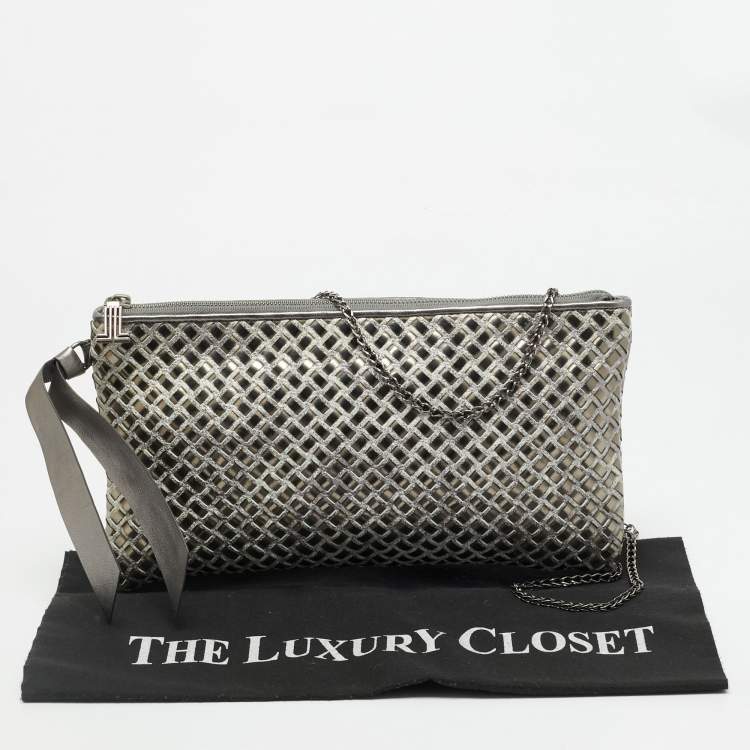 Pre Owned Lanvin Woven Metallic/Grey Patent Leather and Suede Chain Clutch