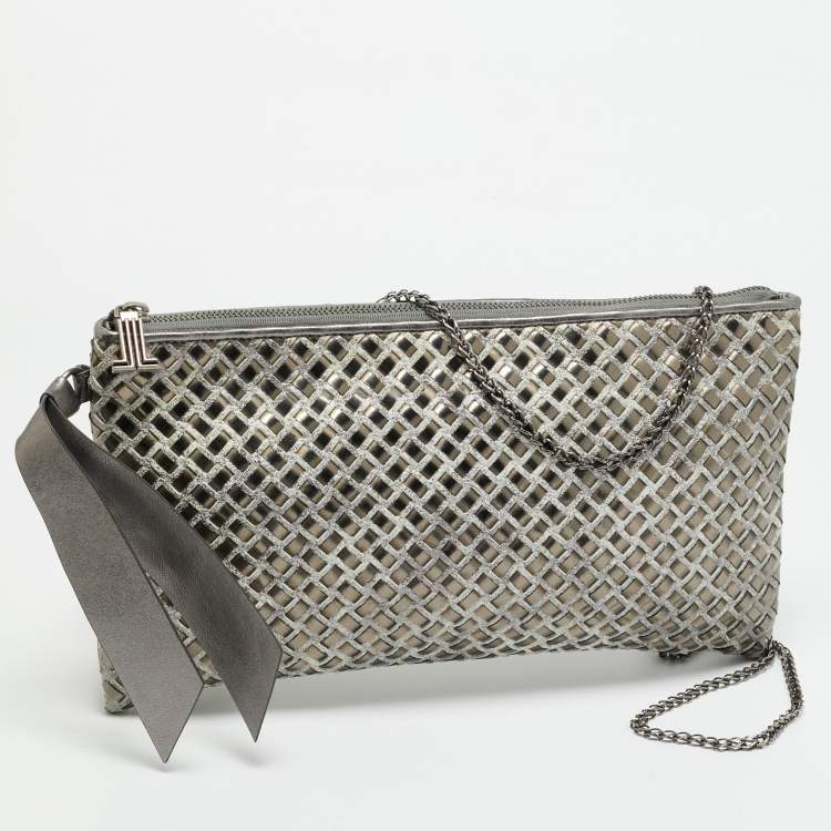 Pre Owned Lanvin Woven Metallic/Grey Patent Leather and Suede Chain Clutch