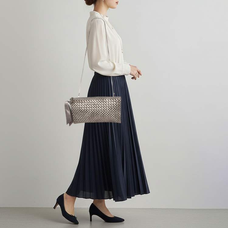 Pre Owned Lanvin Woven Metallic/Grey Patent Leather and Suede Chain Clutch