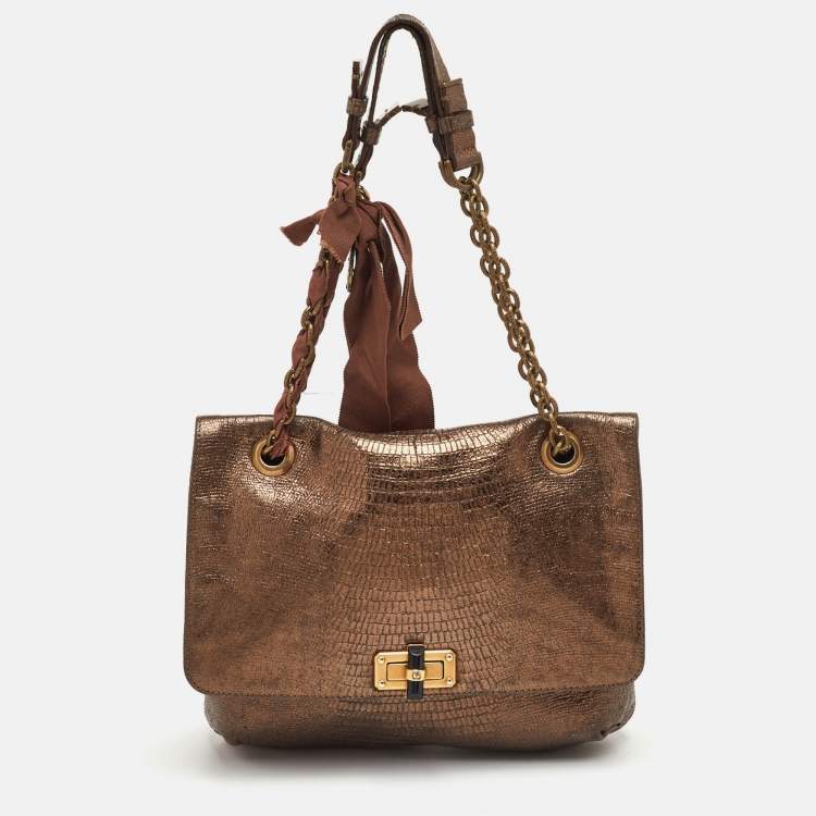 Pre Owned حقيبة كتف لانفان "هابي" جلد مطبوع نقشة السحلية ذهبي ميتاليك