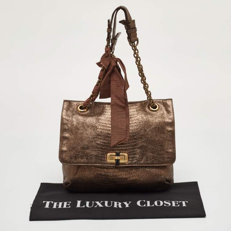 Pre Owned حقيبة كتف لانفان "هابي" جلد مطبوع نقشة السحلية ذهبي ميتاليك