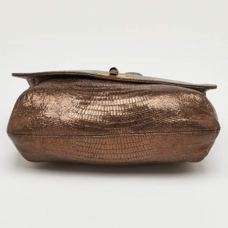 Pre Owned حقيبة كتف لانفان "هابي" جلد مطبوع نقشة السحلية ذهبي ميتاليك