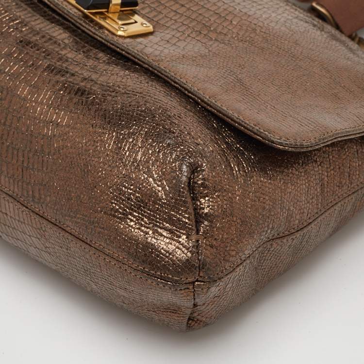 Pre Owned حقيبة كتف لانفان "هابي" جلد مطبوع نقشة السحلية ذهبي ميتاليك