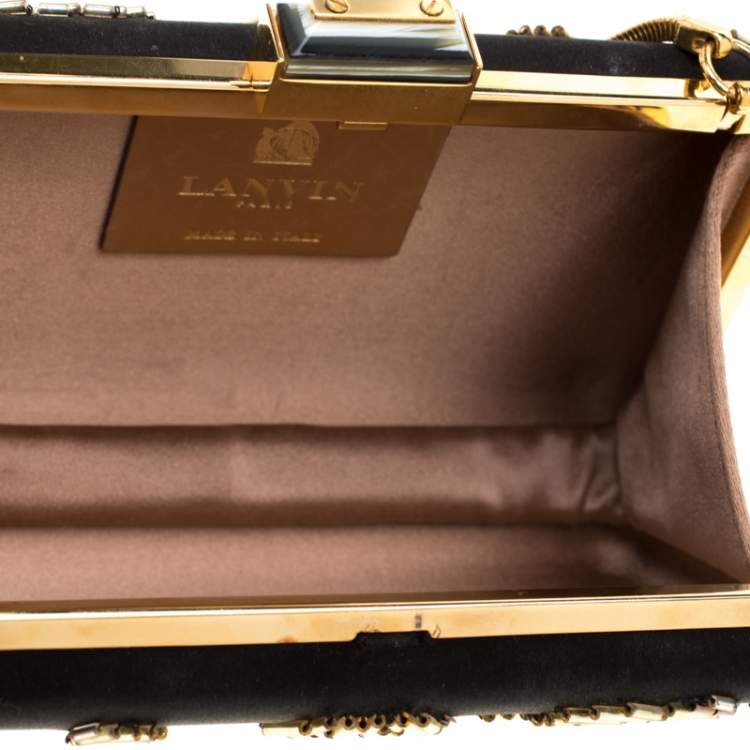 Pre Owned Lanvin Black/Gold Embellished Satin Chain Clutch