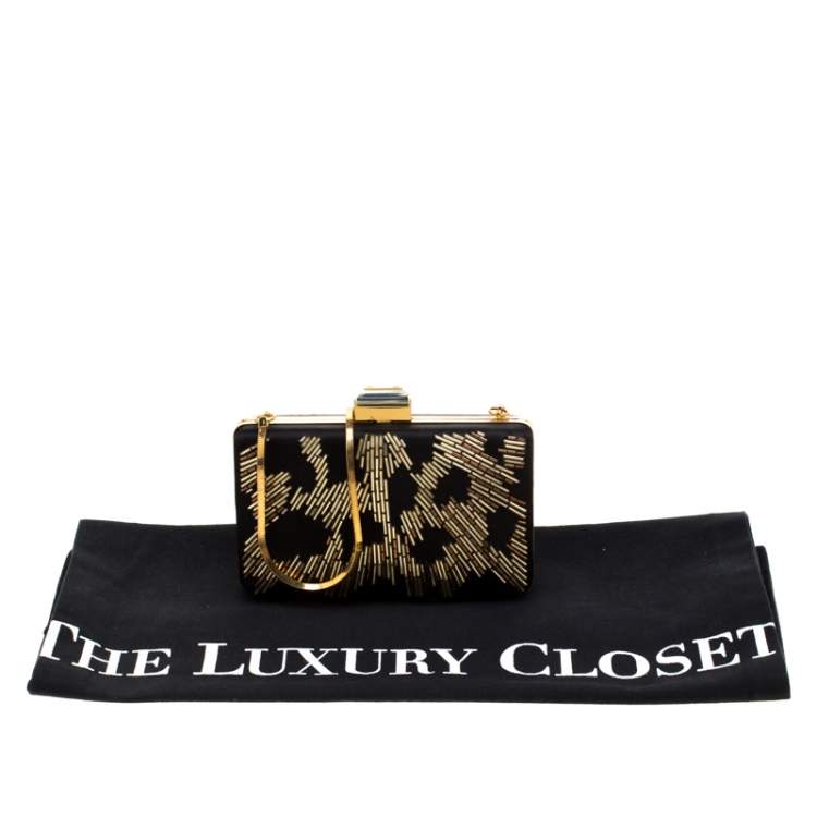 Pre Owned Lanvin Black/Gold Embellished Satin Chain Clutch