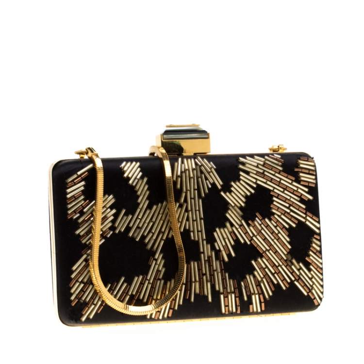 Pre Owned Lanvin Black/Gold Embellished Satin Chain Clutch