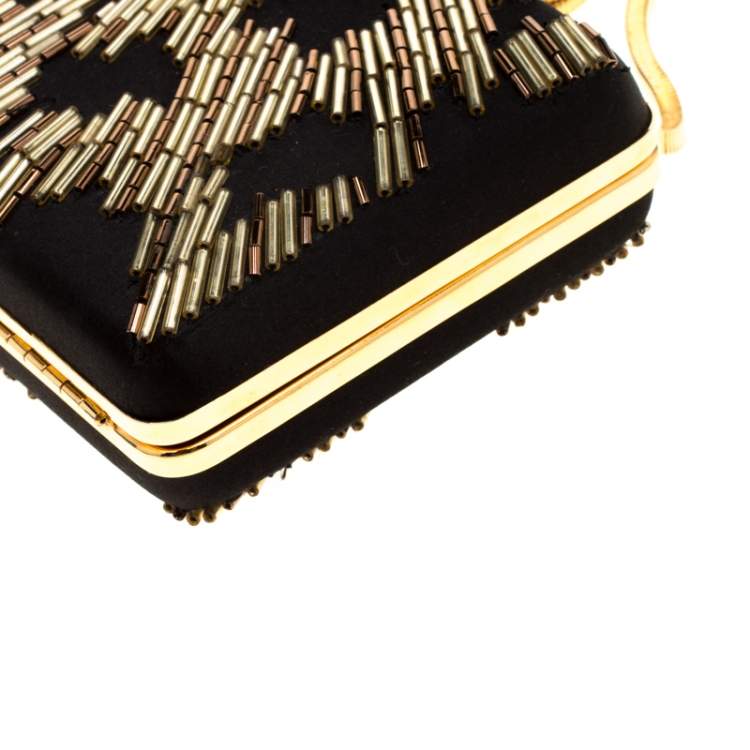 Pre Owned Lanvin Black/Gold Embellished Satin Chain Clutch