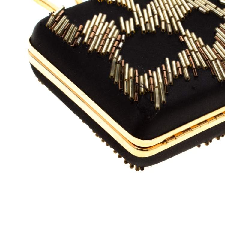 Pre Owned Lanvin Black/Gold Embellished Satin Chain Clutch