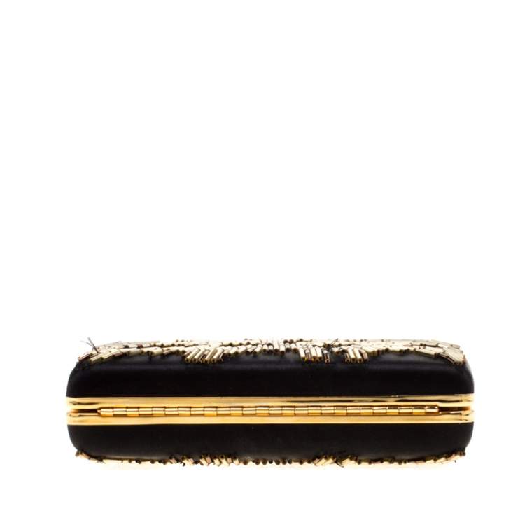 Pre Owned Lanvin Black/Gold Embellished Satin Chain Clutch