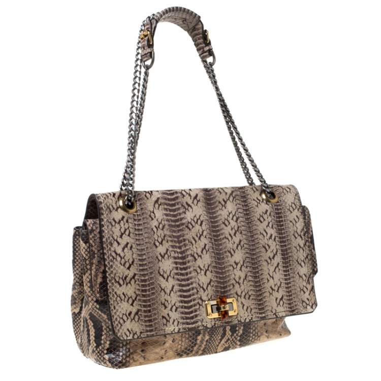 Pre Owned Lanvin Beige Python Embossed Leather Happy Chain Shoulder Bag