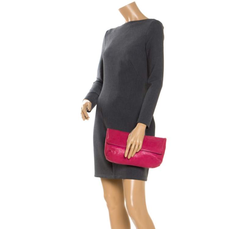 Pre Owned Lanvin Pink Leather Turnlock Fold Over Clutch