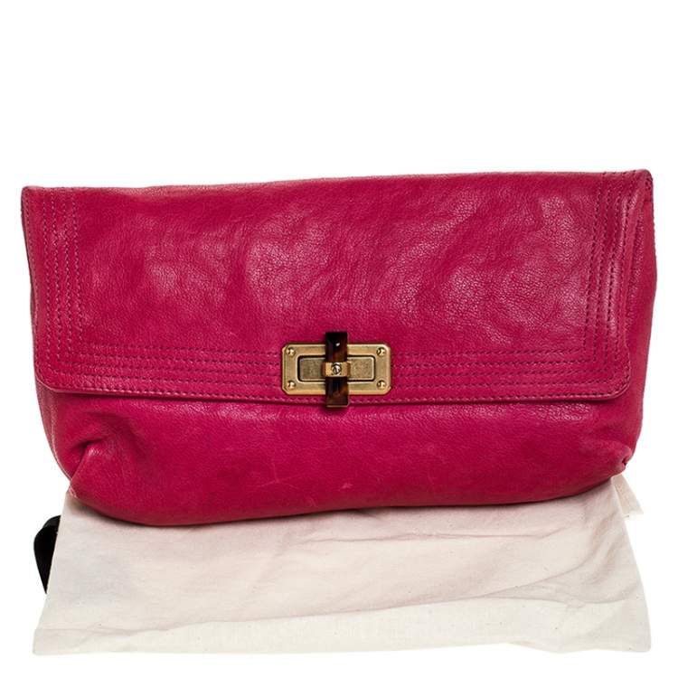 Pre Owned Lanvin Pink Leather Turnlock Fold Over Clutch