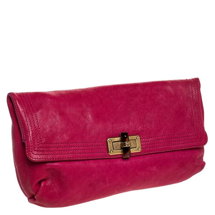 Pre Owned Lanvin Pink Leather Turnlock Fold Over Clutch