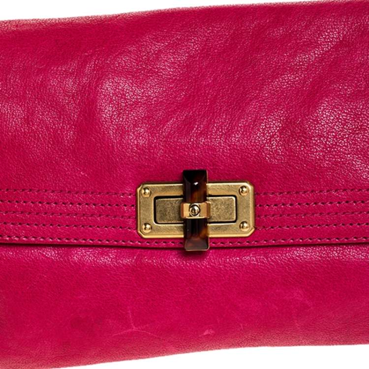 Pre Owned Lanvin Pink Leather Turnlock Fold Over Clutch