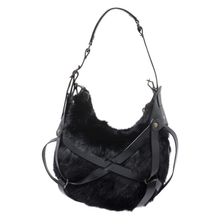 Pre Owned Lanvin Black Fox Fur and Leather Strappy Hobo